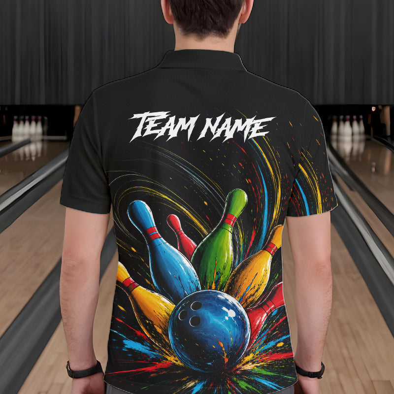 Male bowler wearing splatter colorful bowling ball and pins bowling jersey, custom bowling team shirt, bowling league apparel, tournament bowling outfit
