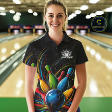 Load image into Gallery viewer, Female bowler wearing splatter colorful bowling ball and pins bowling jersey, custom bowling team shirt, bowling league apparel, tournament bowling outfit