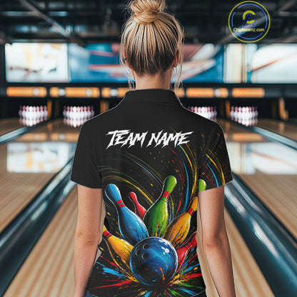 Female bowler wearing splatter colorful bowling ball and pins bowling jersey, custom bowling team shirt, bowling league apparel, tournament bowling outfit