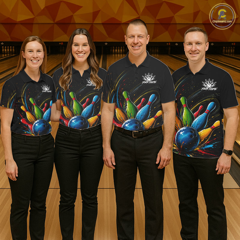 Men women bowling team wearing matching splatter colorful bowling jerseys, custom bowling team uniforms, bowling league shirts, tournament bowling apparel
