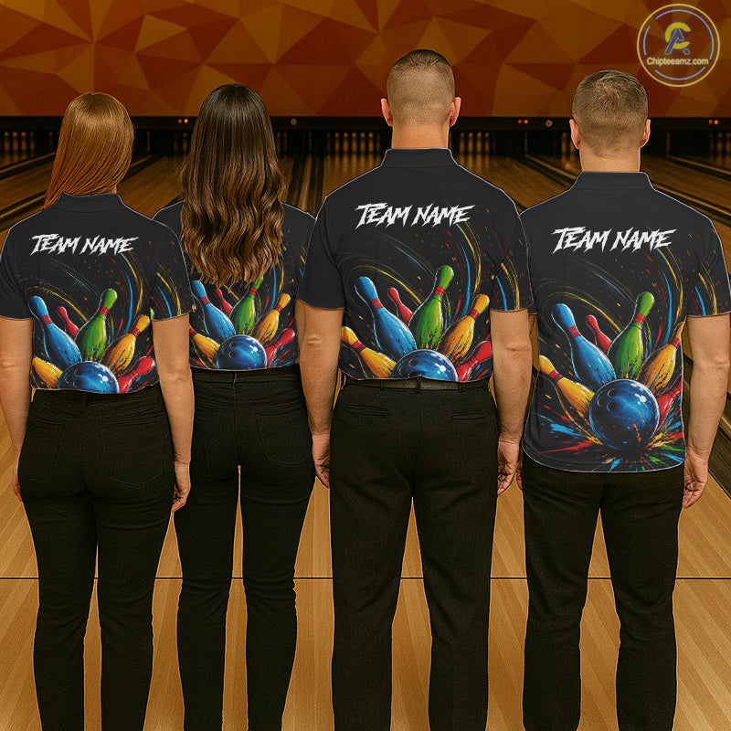 Men women bowling team wearing matching splatter colorful bowling jerseys, custom bowling team uniforms, bowling league shirts, tournament bowling apparel