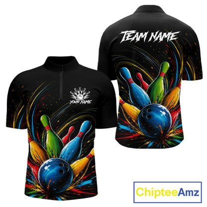 Splatter colorful bowling ball and pins men's bowling quarter-zip shirt, custom bowling team uniform, splash bowling jersey, personalized bowling league apparel, tournament bowling clothing