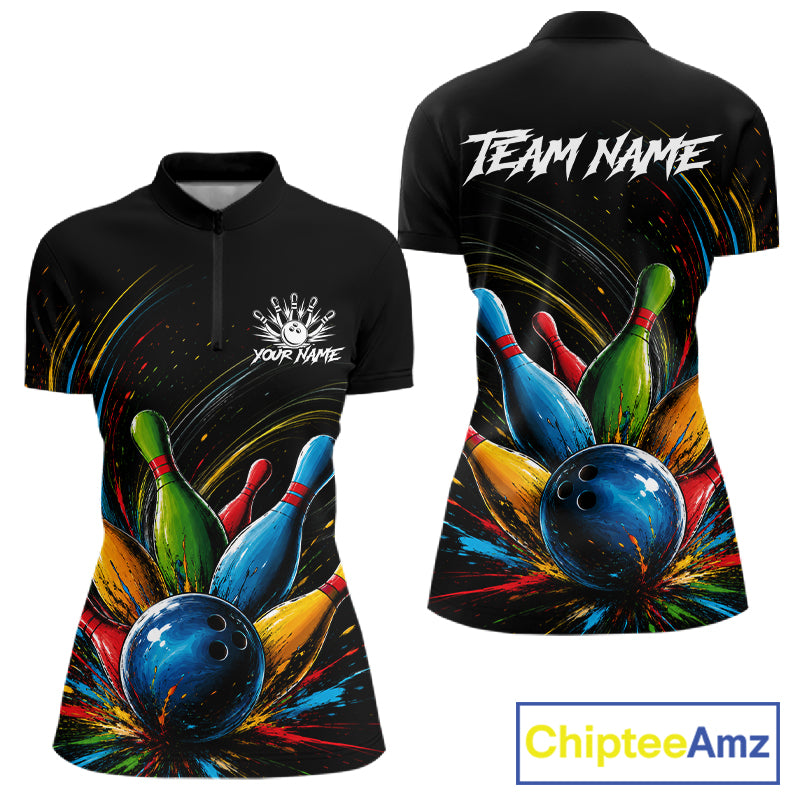 Splatter colorful bowling ball and pins women's bowling quarter-zip shirt, custom bowling team uniform, splash bowling jersey, personalized bowling league apparel, tournament bowling clothing