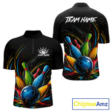 Load image into Gallery viewer, Splatter colorful bowling ball and pins men's bowling quarter-zip shirt, custom bowling team uniform, splash bowling jersey, personalized bowling league apparel, tournament bowling clothing
