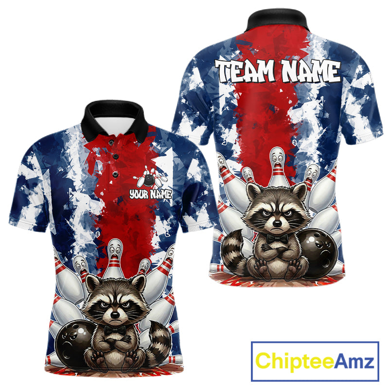 Funny raccoon bowling ball and pins men's bowling polo shirt, red and blue bowling jersey, custom bowling team shirt, personalized bowling apparel, bowling league uniform