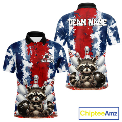 Funny raccoon bowling ball and pins men's bowling polo shirt, red and blue bowling jersey, custom bowling team shirt, personalized bowling apparel, bowling league uniform