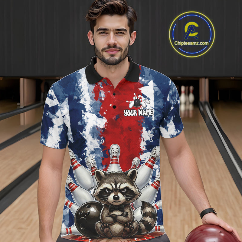 Male bowler wearing funny raccoon bowling ball and pins jersey, custom bowling shirt, bowling league apparel, personalized bowling clothing