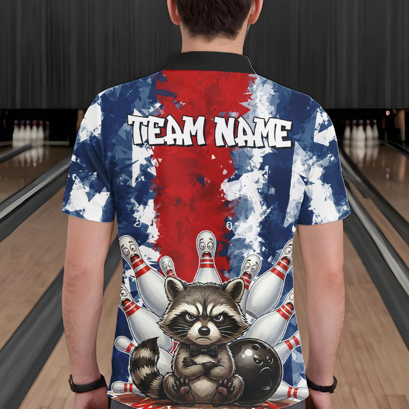 Funny Raccoon Bowling Ball & Pins Shirt For Men Custom Red & Blue Team Jersey Bowling League NYN3611