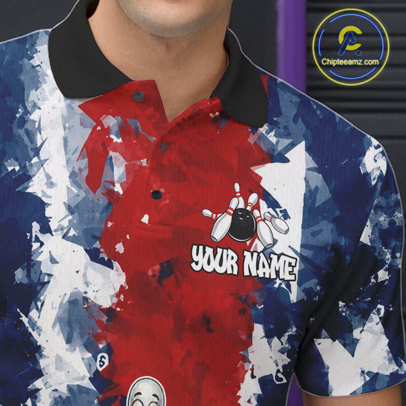 Male bowler wearing funny raccoon bowling ball and pins jersey, custom bowling shirt, bowling league apparel, personalized bowling clothing