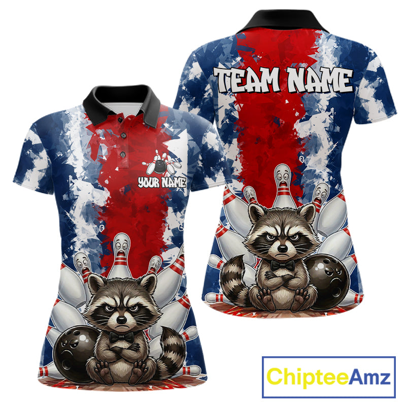 Funny raccoon bowling ball and pins women's bowling polo shirt, red and blue bowling jersey, custom bowling team shirt, personalized bowling apparel, bowling league uniform