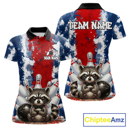 Funny raccoon bowling ball and pins women's bowling polo shirt, red and blue bowling jersey, custom bowling team shirt, personalized bowling apparel, bowling league uniform