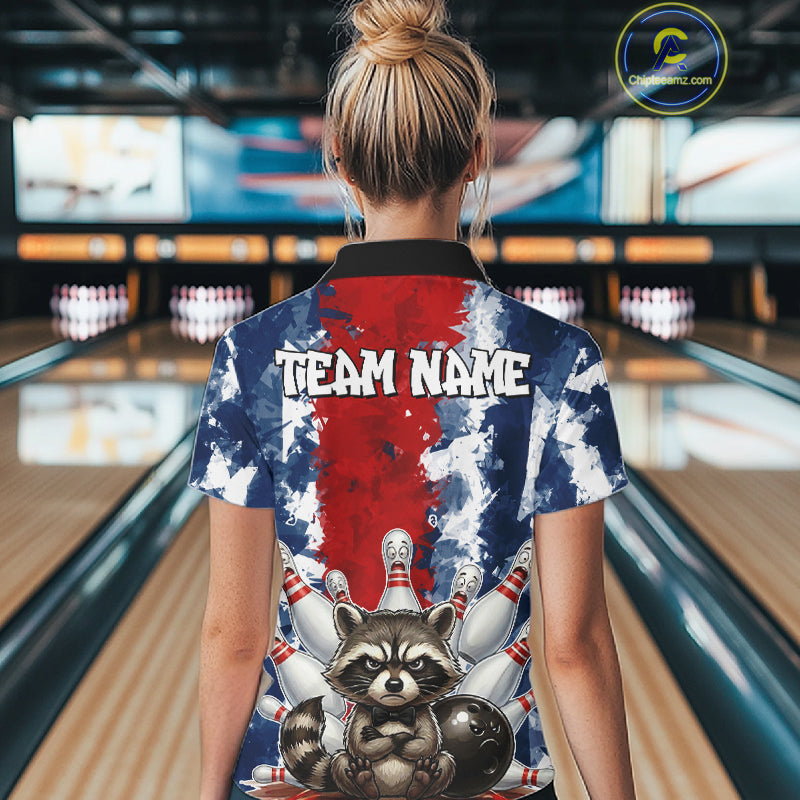 Female bowler wearing funny raccoon bowling ball and pins jersey, custom bowling shirt, bowling league apparel, personalized bowling clothing
