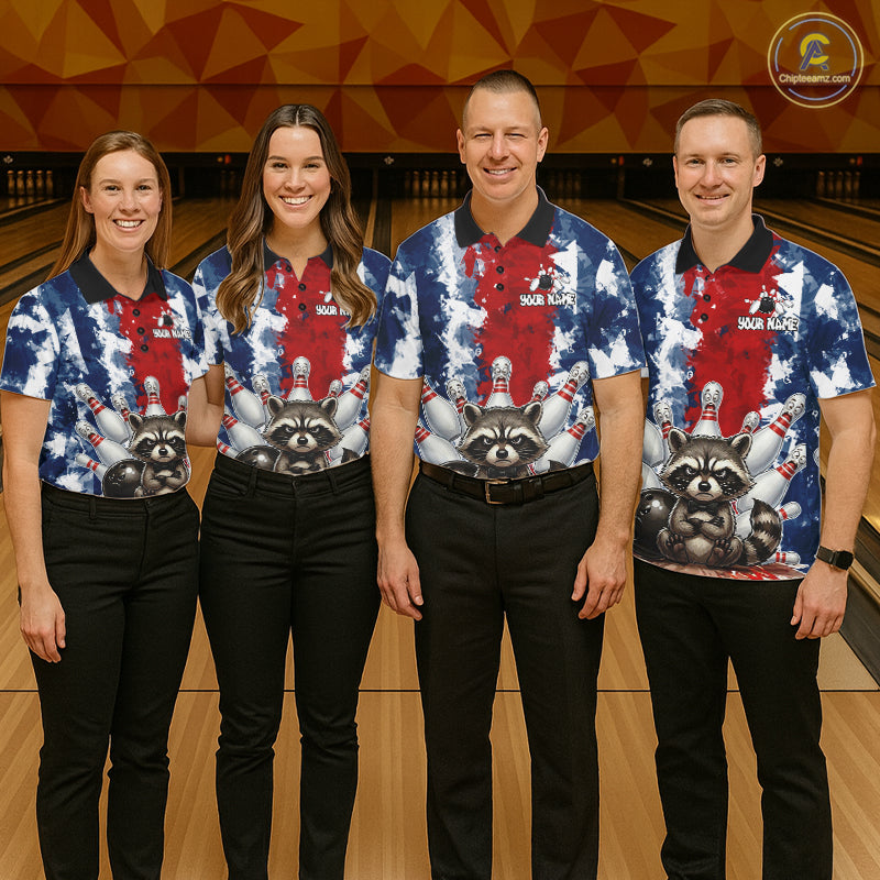 Men women bowling team wearing matching raccoon bowling jerseys, custom bowling uniforms, bowling league team shirts, tournament apparel