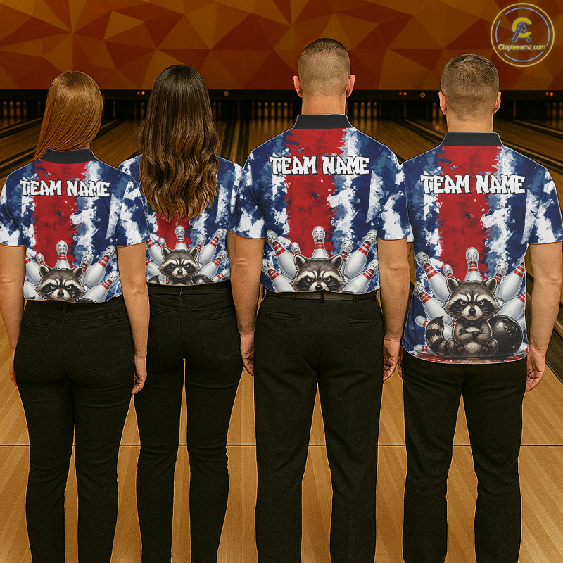Men women bowling team wearing matching raccoon bowling jerseys, custom bowling uniforms, bowling league team shirts, tournament apparel