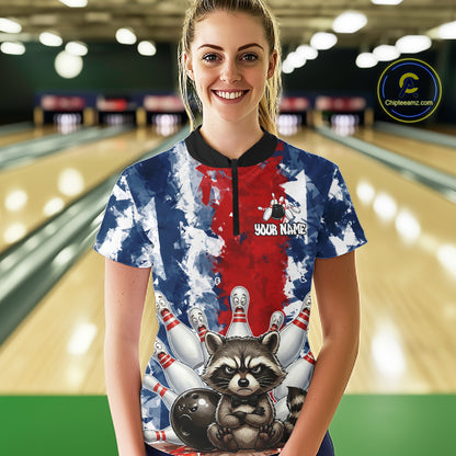 Female bowler wearing funny raccoon bowling ball and pins jersey, custom bowling shirt, bowling league apparel, personalized bowling clothing