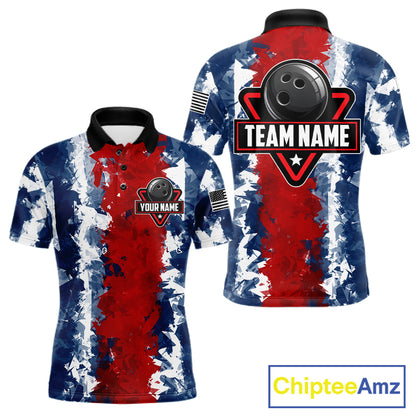 American flag men's bowling polo shirt, patriotic bowling jersey, red blue bowling team uniform, USA bowling apparel, custom bowling league shirt, personalized bowling jersey