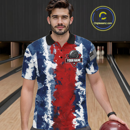 Male bowler wearing American flag bowling jersey, patriotic bowling apparel, custom bowling team shirt, bowling tournament outfit