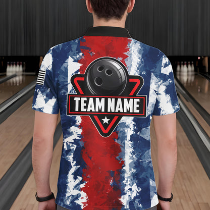 Male bowler wearing American flag bowling jersey, patriotic bowling apparel, custom bowling team shirt, bowling tournament outfit