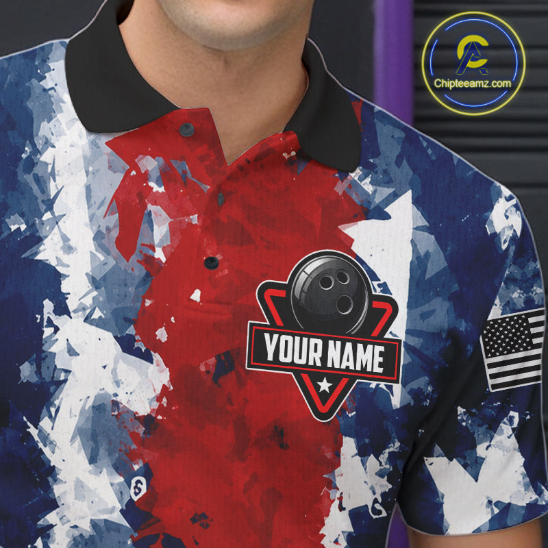 Male bowler wearing American flag bowling jersey, patriotic bowling apparel, custom bowling team shirt, bowling tournament outfit