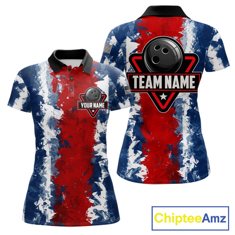 American flag women's bowling polo shirt, patriotic bowling jersey, red blue bowling team uniform, USA bowling apparel, custom bowling league shirt, personalized bowling jersey