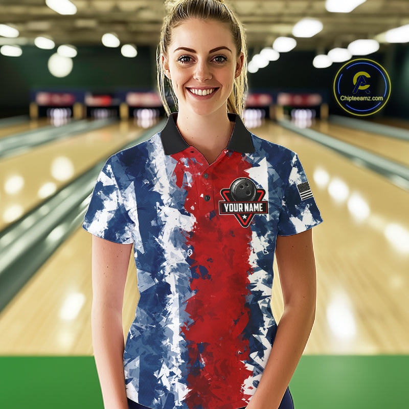 Female bowler wearing American flag bowling jersey, patriotic bowling apparel, custom bowling team shirt, bowling tournament outfit
