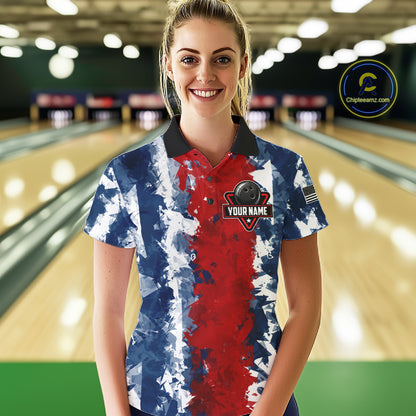 Female bowler wearing American flag bowling jersey, patriotic bowling apparel, custom bowling team shirt, bowling tournament outfit