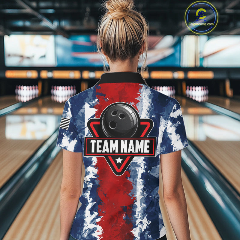 Female bowler wearing American flag bowling jersey, patriotic bowling apparel, custom bowling team shirt, bowling tournament outfit