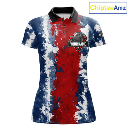 American flag women's bowling polo shirt, patriotic bowling jersey, red blue bowling team uniform, USA bowling apparel, custom bowling league shirt, personalized bowling jersey
