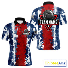 Load image into Gallery viewer, American flag men's bowling polo shirt, patriotic bowling jersey, red blue bowling team uniform, USA bowling apparel, custom bowling league shirt, personalized bowling jersey
