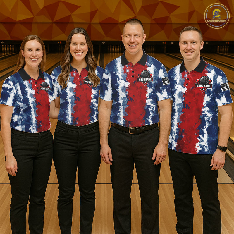 Men women bowling team wearing matching American flag bowling jerseys, patriotic bowling uniforms, custom bowling league apparel
