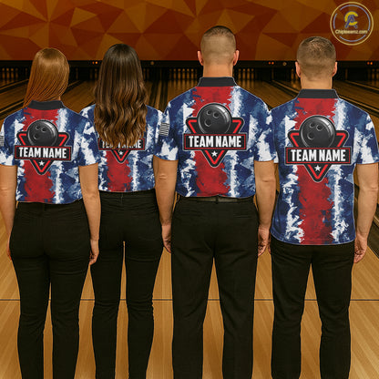 Men women bowling team wearing matching American flag bowling jerseys, patriotic bowling uniforms, custom bowling league apparel