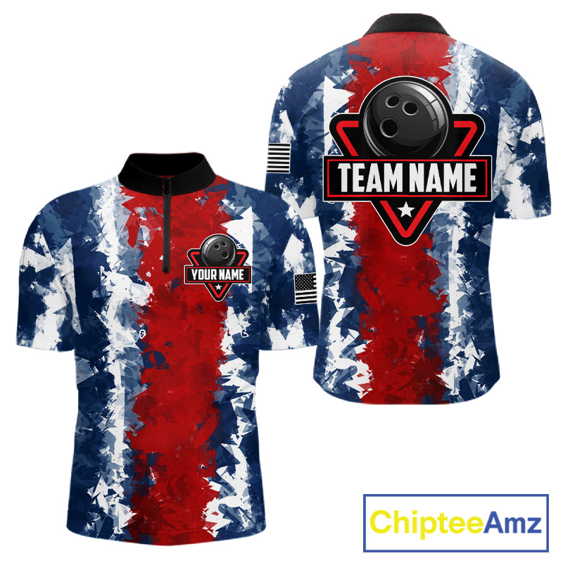 American flag men's bowling quarter-zip shirt, patriotic bowling team jersey, custom USA bowling uniform, tournament bowling apparel