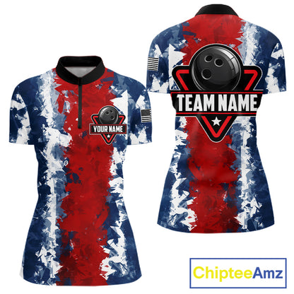 American flag women's bowling quarter-zip shirt, patriotic bowling team jersey, custom USA bowling uniform, tournament bowling apparel