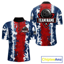 Load image into Gallery viewer, American flag men's bowling quarter-zip shirt, patriotic bowling team jersey, custom USA bowling uniform, tournament bowling apparel
