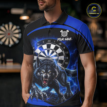 Load image into Gallery viewer, Male darts player wearing horror wolf dart jersey, thunder lightning darts shirt, personalized wolf dart apparel, tournament darts clothing
