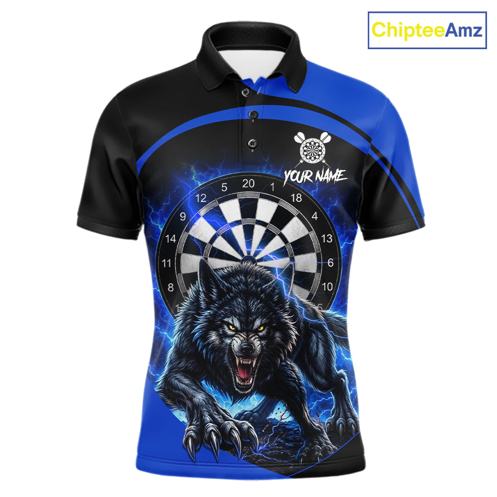 Thunder lightning horror wolf men's darts polo shirt, blue wolf dart jersey, custom dart team uniform, personalized darts apparel, fierce wolf dart clothing