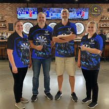 Load image into Gallery viewer, Men women darts team wearing matching thunder lightning wolf dart jerseys, custom darts uniforms, competitive dart league apparel