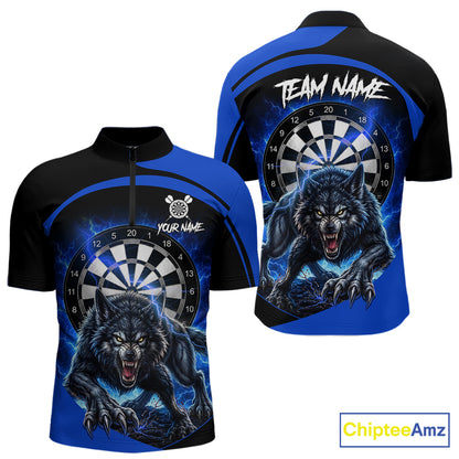 Thunder lightning horror wolf men's quarter-zip dart shirt, custom wolf dart jersey, personalized darts team apparel, blue lightning dart uniform