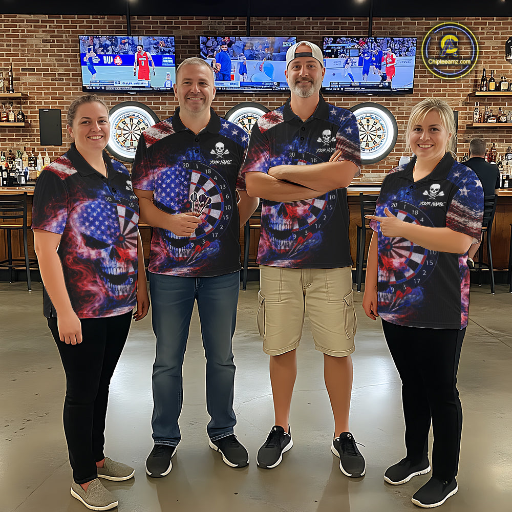 Smoke US Flag Skull Dartboard Men Darts Polo Shirt Custom Retro Patriotic Darts Jerseys NYN2550