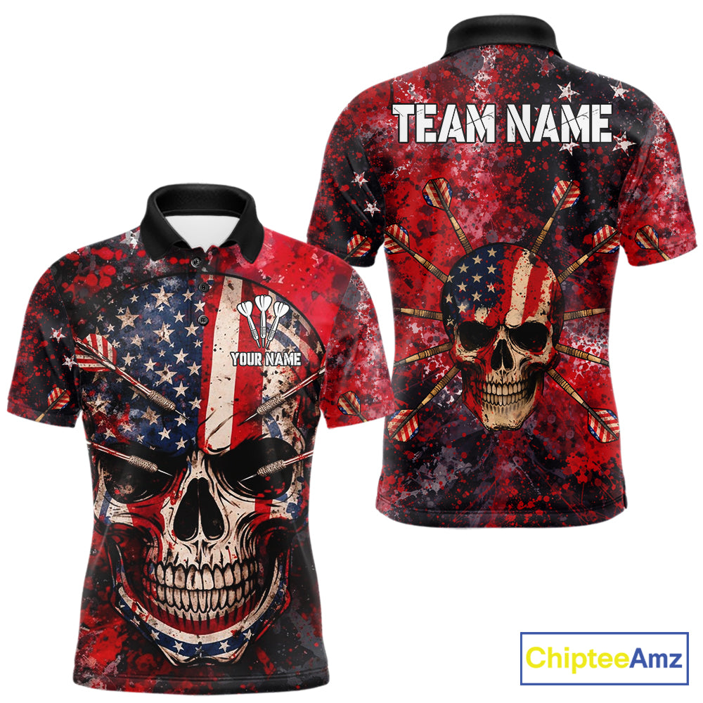 Red Grunge US Flag Skull Dart Arrow Men Darts Polo Shirt Custom Retro Darts Team Jerseys NYN2552