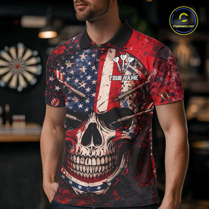 Red Grunge US Flag Skull Dart Arrow Men Darts Polo Shirt Custom Retro Darts Team Jerseys NYN2552