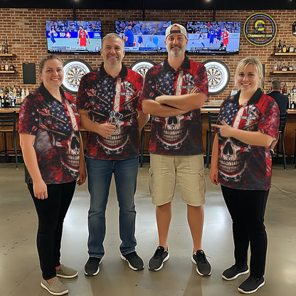 Red Grunge US Flag Skull Dart Arrow Men Darts Polo Shirt Custom Retro Darts Team Jerseys NYN2552