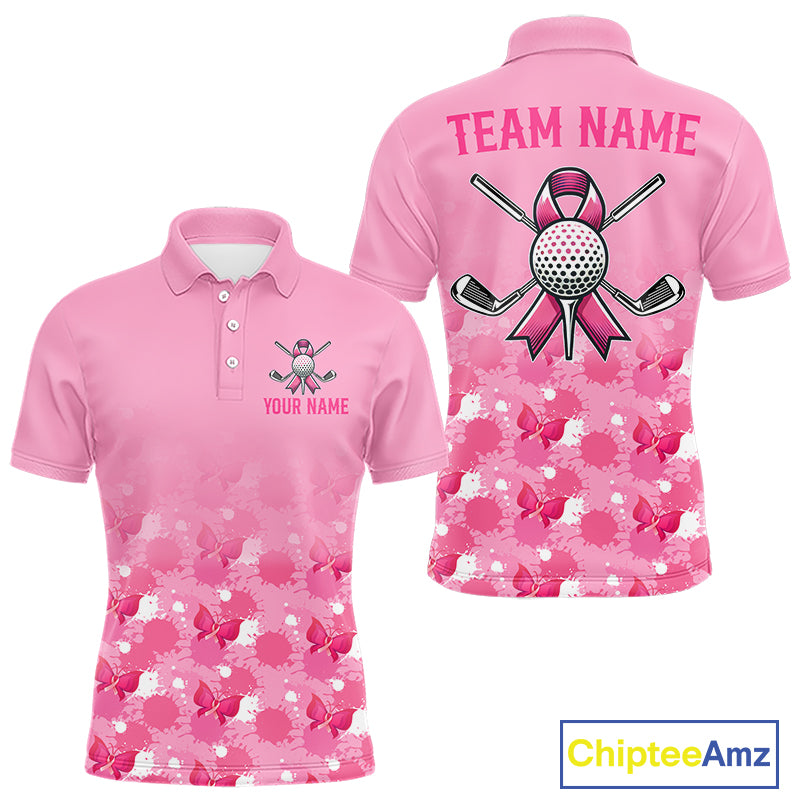 Pink polo shirt with floral pattern on front and golf-themed design on back, featuring 'Team Name' and 'Your Name' text space.