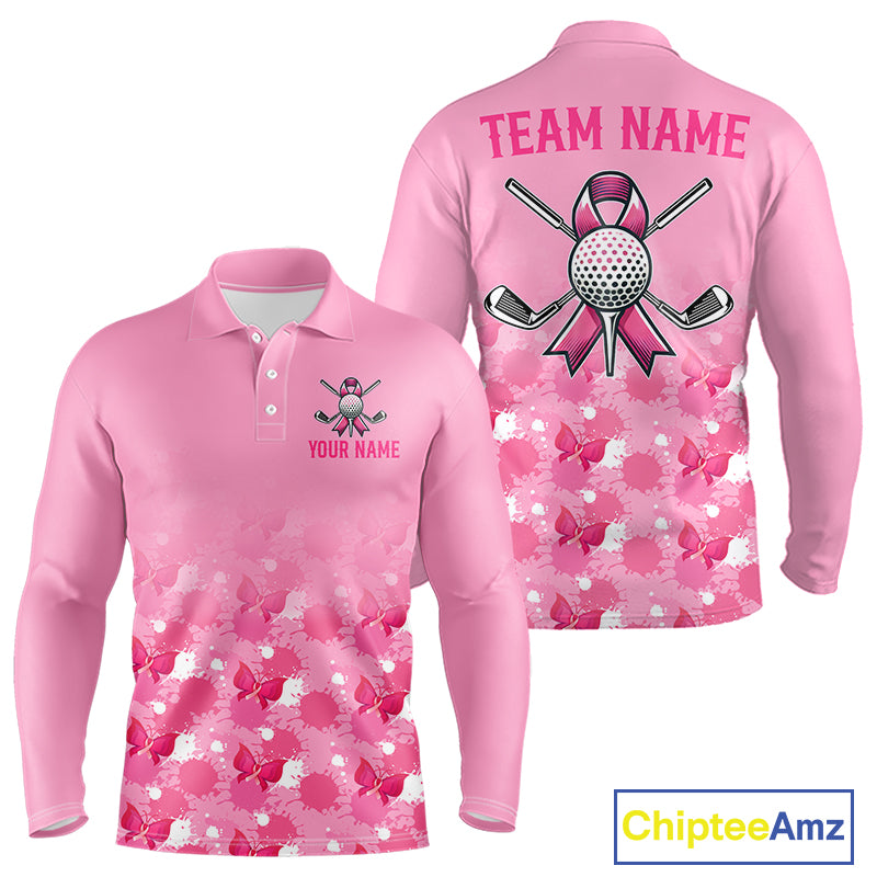 Pink long-sleeve polo shirt with customizable text and Breast Cancer Awareness designs on a white background