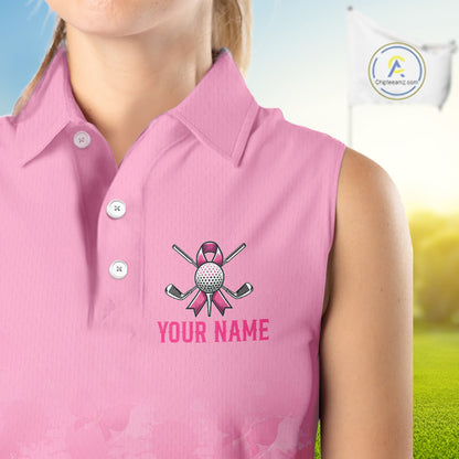 Pink sleeveless polo shirt with golf design and 'Your Name' text on a blurred golf course background.