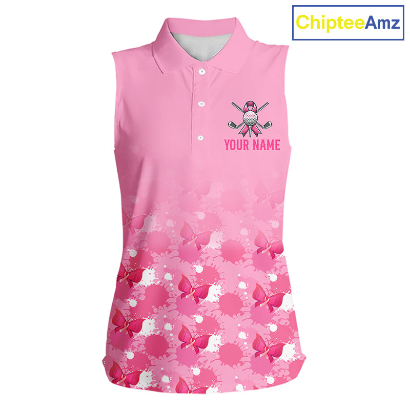 Pink sleeveless golf shirt with floral pattern and customizable text on a white background