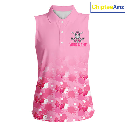Pink sleeveless golf shirt with floral pattern and customizable text on a white background
