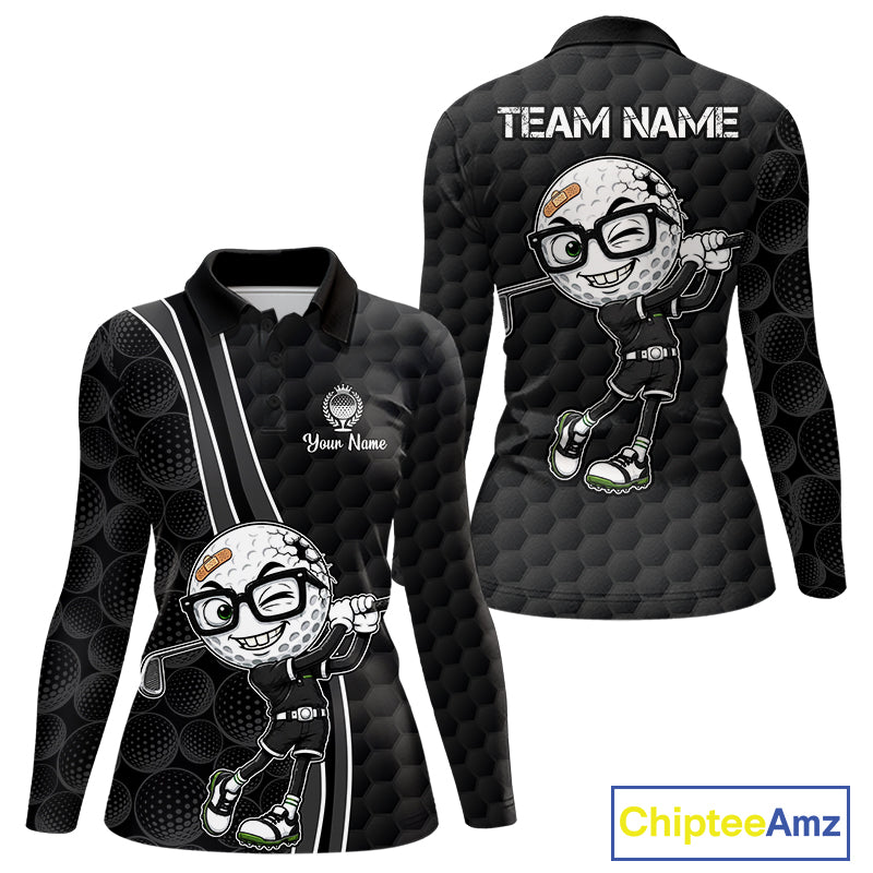 Black long-sleeve shirt with cartoon golf ball design and 'Team Name' text on a white background