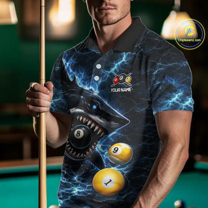 Thunder Blue Funny Shark Play Pool 8 Ball Men's Billiard Shirt Custom Billiard Team League Attire NYN2558