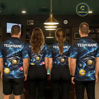 Thunder Blue Funny Shark Play Pool 8 Ball Men's Billiard Shirt Custom Billiard Team League Attire NYN2558
